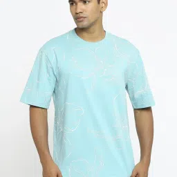 Basics Blue Cotton Relaxed Fit Printed T-Shirt image 1