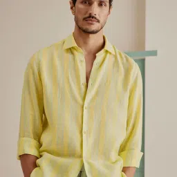 ANDAMEN Yellow Slim Fit Striped Linen Shirt image 1
