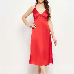 Clovia Red Satin Regular Fit Night Gown image 1