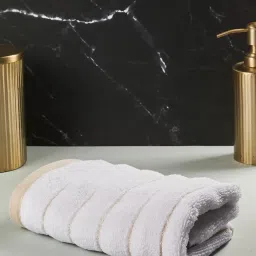 Fabindia Home Meraki Stripes White & Beige Cotton Medium Towel image 1