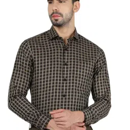 Metal Brown Cotton Slim Fit Checks Shirt-image-17