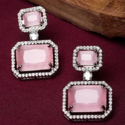 Zeneme Rhodium Plated Pink AD Studded Square Shaped Drop Earrings-picture-38