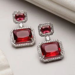 Zeneme Rhodium Plated Red AD Studded Square Shaped Drop Earrings-picture-37