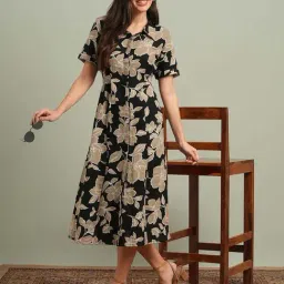Globus Women Black Collared Neck Short Sleeves Floral Print Midi Workwear Shirt Dress-image-43