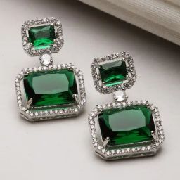 Zeneme Rhodium Plated Green AD Studded Square Shaped Drop Earrings-picture-44