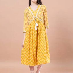 Pspeaches Girls Yellow Cotton Regular Fit Printed Dress-picture-14
