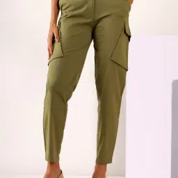 Mabish By Sonal Jain Cargo Stretchable Cotton Lycra Trouser In Khaki Green image 4