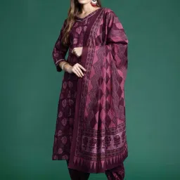 Indo Era Purple Cotton Printed Kurta Salwar Set With Dupatta-image-13