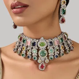 Auraa Trends Gold Finish Kundan Polka and Multi-Coloured Stone Choker Jewellery Set-picture-28