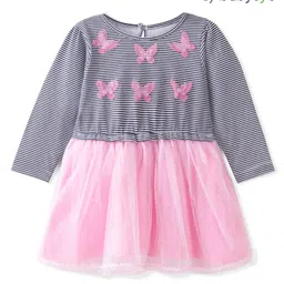 Babyoye Cotton Full Sleeves Party Wear Frock Striped with Butterfly Applique - Pink-picture-16