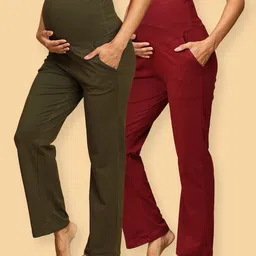 The Mom Store Pack Of 2 Solid Comfy Maternity Track Pants - Olive Green & Maroon-image-64