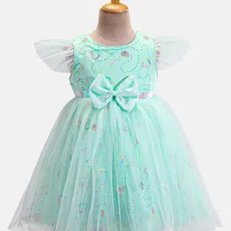 Babyhug Woven Frill Sleeves Dress With Sequins  Detailing & Bow Applique - Mint-picture-10