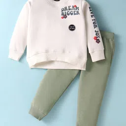 Pepito Fleece Knit Full Sleeves Winter Wear T-Shirt & Lounge Pant Set With Text Print - Off White-picture-12