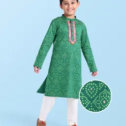 Earthy Touch Cotton Woven Full Sleeves Kurta Pyjama Set with Bandhani Print - Green-picture-23