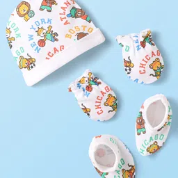 Babyhug 100% Cotton Interlock Knit Cap Mittens & Booties Set With Animal Print White - Diameter 10 cm-picture-23
