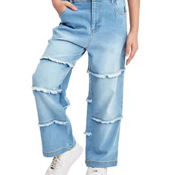 Olele Cotton Denim Tiered Raw Hem Relaxed Fit Jeans - Blue-image-42