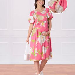 Bella Mama WovenHalf Sleeves Maternity DressWith FlowerPrint -Pink-picture-18