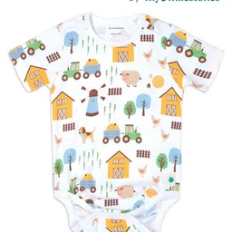 My Milestones Interlock Half Sleeves Vehicles & Animals Printed Onesie - White-picture-25