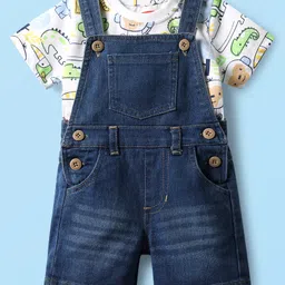 Babyhug Single Jersey Knit Dungaree & Half Sleeves T-Shirt With Dino Print - Blue-picture-28