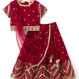 Babyhug Georgette Woven Half Sleeves Foil Printed Choli Lehenga Set with Dupatta & Lace Detailing - Red-picture-24
