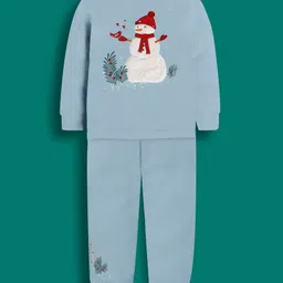 Cherry Crumble By Nitt Hyman Knit Full Sleeves Snowman Patch Detailed Winter Night Suit Set - Sky Blue image 1
