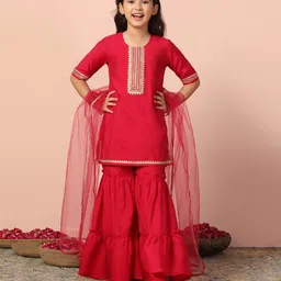 Fashion Dream Chanderi Woven Half Sleeves Gota Lace Embellished Kurti Sharara With Dupatta Set - Rani-picture-13