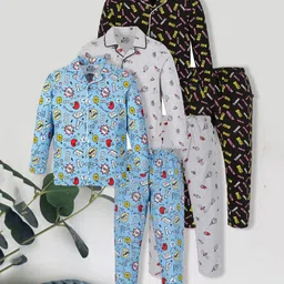 3PIN Cotton Knit Pack Of 3 Full Sleeves Space Theme & Typography Printed Coordinating Night Suit Set - Multi Colour-picture-25