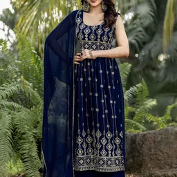 Sashay Boutique Embroidered Georgette U-Neck A-Line Kurta With Palazzos & Dupatta-picture-36