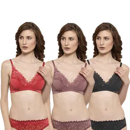 samvar Women Red,Maroon,Black Net Bra Panty Set for Lingerie Set Undergarments Pack of 3-picture-31