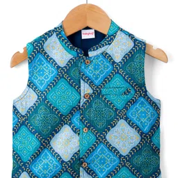 Babyhug Woven Full Sleeves Kurta Pajama & Nehru Jacket with Diamond argyle Print - Teal Blue image 5