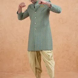 KISAH Men Green Jacquard Indowestern Sherwani Dhoti Set-image-92