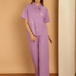 Kanvin Purple Cotton Embroidered Shirt Pyjamas Set image 1