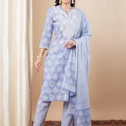Fashor Lavender Pure Cotton Regular Fit Printed Kurta Pant Set With Dupatta-image-6