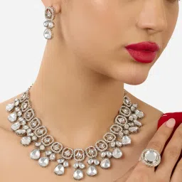 Zaveri Pearls Silver Tone Austrian Diamonds Necklace Earring Ring Set-ZPFK17595 image 1