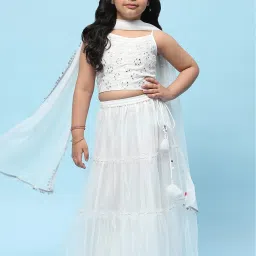 BIBA Girls White Embroidered Lehenga, Blouse with Dupatta image 1