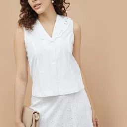 Code By Lifestyle Off White Cotton Regular Fit Embroidered Top image 1