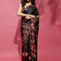 Navyasa By Liva Black Satin Floral Print Saree image 1