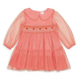 H by Hamleys Infants Girls Peach Self Design Full Sleeves Dress-image-2