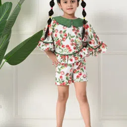Bella Moda Girls Green Cotton Half Sleeves All Over Printed Mini Length Co-ord Sets image 1