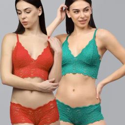 AROUSY Red & Green Self Pattern Bra Panty Set - Pack Of 2-picture-21