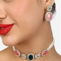 Zaveri Pearls Pink Green Stones Austrian Diamonds Multistrand Choker Necklace Earring Set-ZPFK17766 image 1