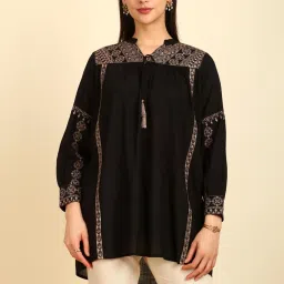 Soch Womens Black Embroidered Mandarin Collar Rayon Slub Tunic image 1