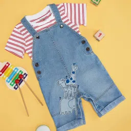 Pantaloons Baby Blue & White Cotton Striped Dungaree Set image 1