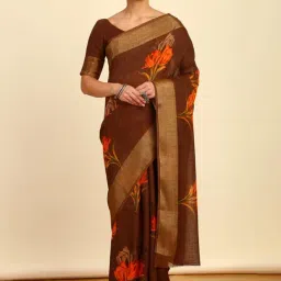 Soch Womens Brown Floral Printed Linen Saree-picture-14