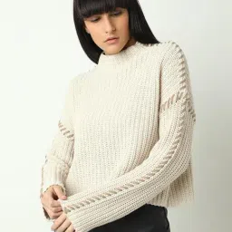 Vero Moda Off White Cotton Relaxed Fit Self Design Sweater image 4