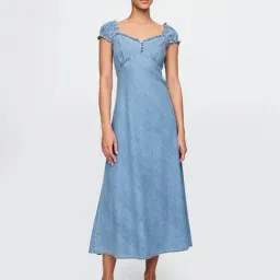 GAP Light Blue Cotton Solid A-Line Dress-picture-28
