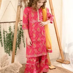 LilPicks Kids Pink & Yellow Floral Print Kurta, Sharara & Dupatta image 1