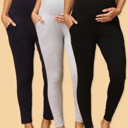 The Mom Store Black & Navy & Grey Cotton Plain Maternity Leggings (Pack of 3)-picture-41