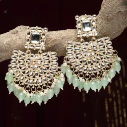 Zeneme Gold Plated Kundan Green Pearl Contemporary Dangler Earrings-picture-19