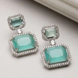 Zeneme Rhodium Plated Green AD Studded Square Shaped Drop Earrings-picture-41